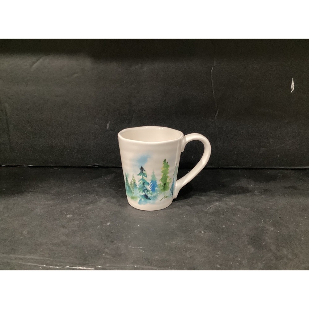 World Market Green Painted Evergreens Pine Coffee Mug 14 Oz